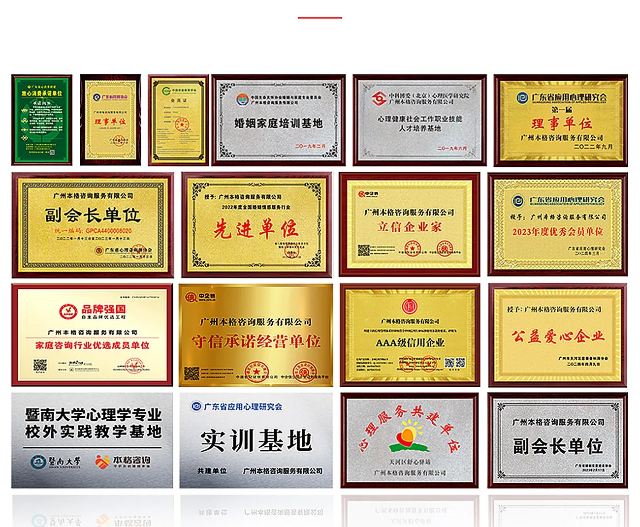 广州本格咨询服务有限公司部分资质牌匾:暨南大学实践教学基地、广东省应用心理研究会副会长单位、立信企业奖、行业先进单位等