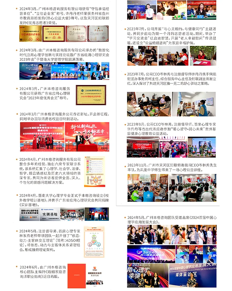 本格咨询 2023-2024 创新与发展里程碑:诚信经营示范单位、六联诊专家系统、依恋-动力主客体交互三维模型